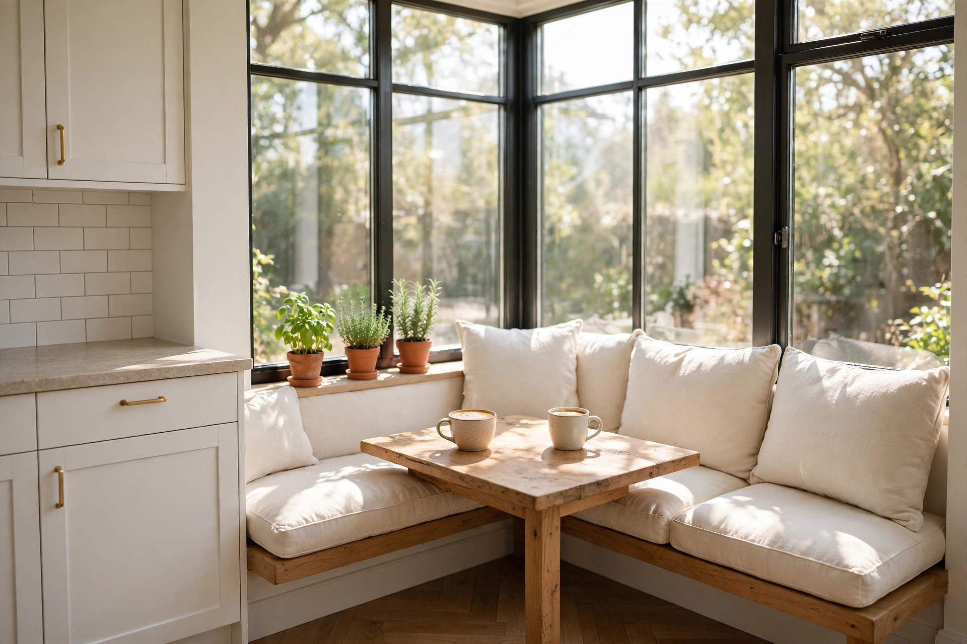 Corner window bench with cream cushions and a small wooden table with two coffee cups, potted herbs on the sunny windowsill