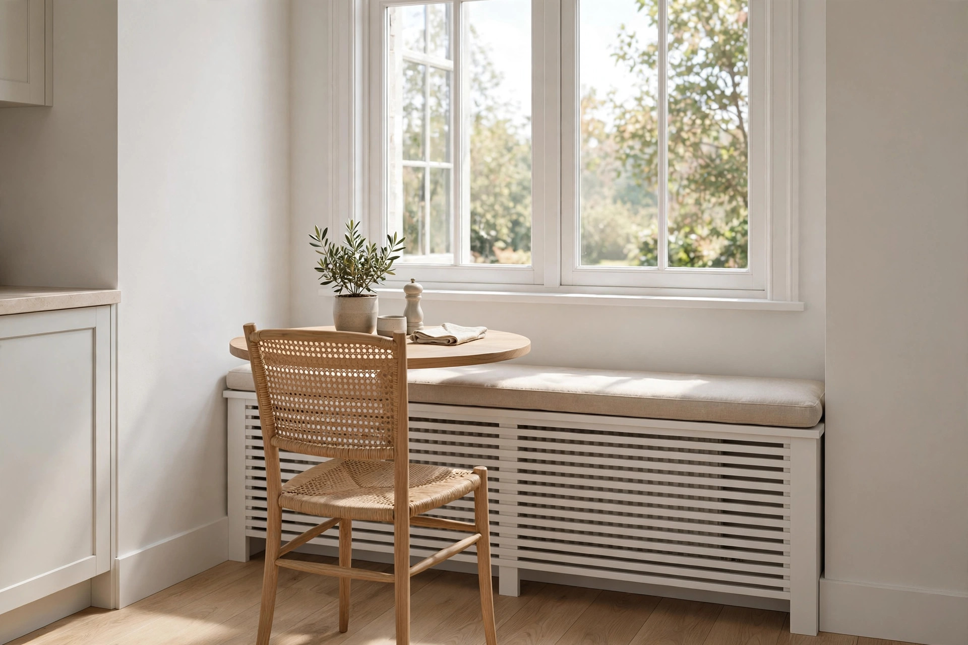 White slatted radiator cover with a beige cushion on top under a kitchen window, small round table and a cane chair in front