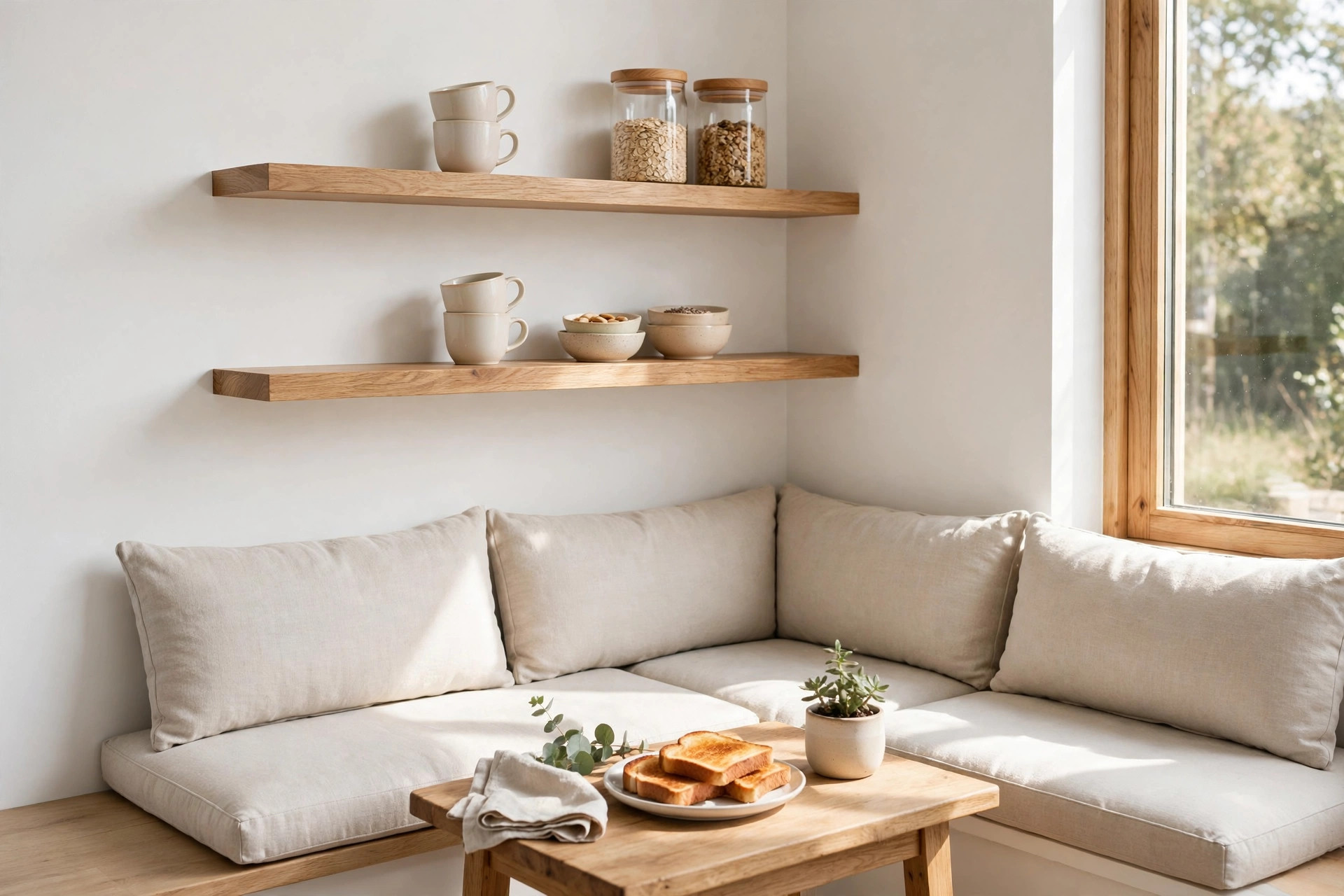 Two floating oak shelves above a cream corner bench holding stacked mugs, glass jars and bowls, small wooden table with a plate of toast below