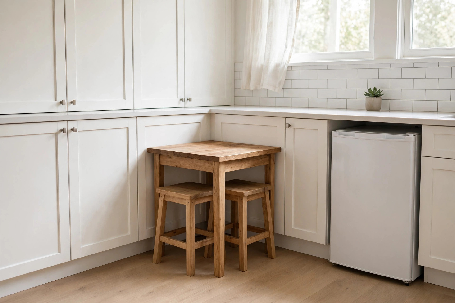 Tiny square wooden table with two backless wooden stools tucked underneath, in the corner of a white kitchen beside an under-counter fridge