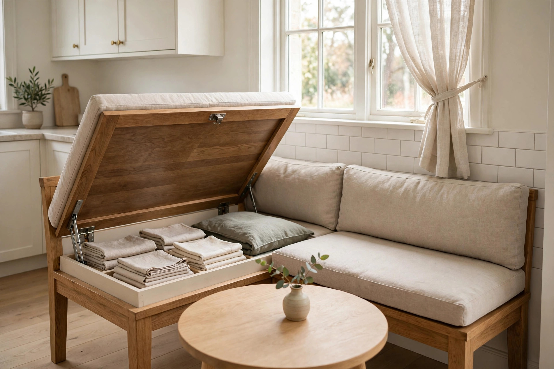 Corner bench with one hinged seat lifted open showing folded table linens stored inside, round wooden table in front