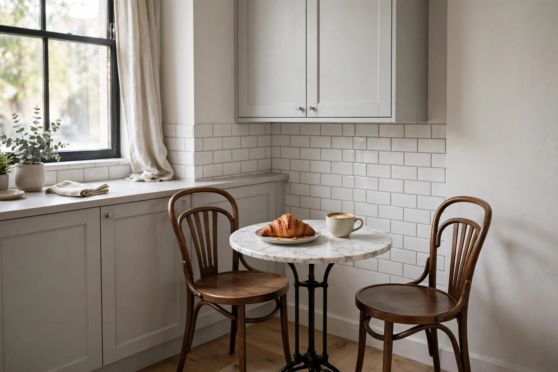 Small round marble bistro table with a black metal base and two bentwood chairs in a kitchen corner, croissant and coffee on the table