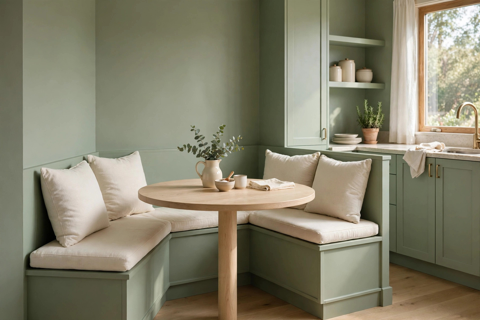 Corner nook with sage green benches and matching sage walls and cabinets, cream cushions and a round light wood table
