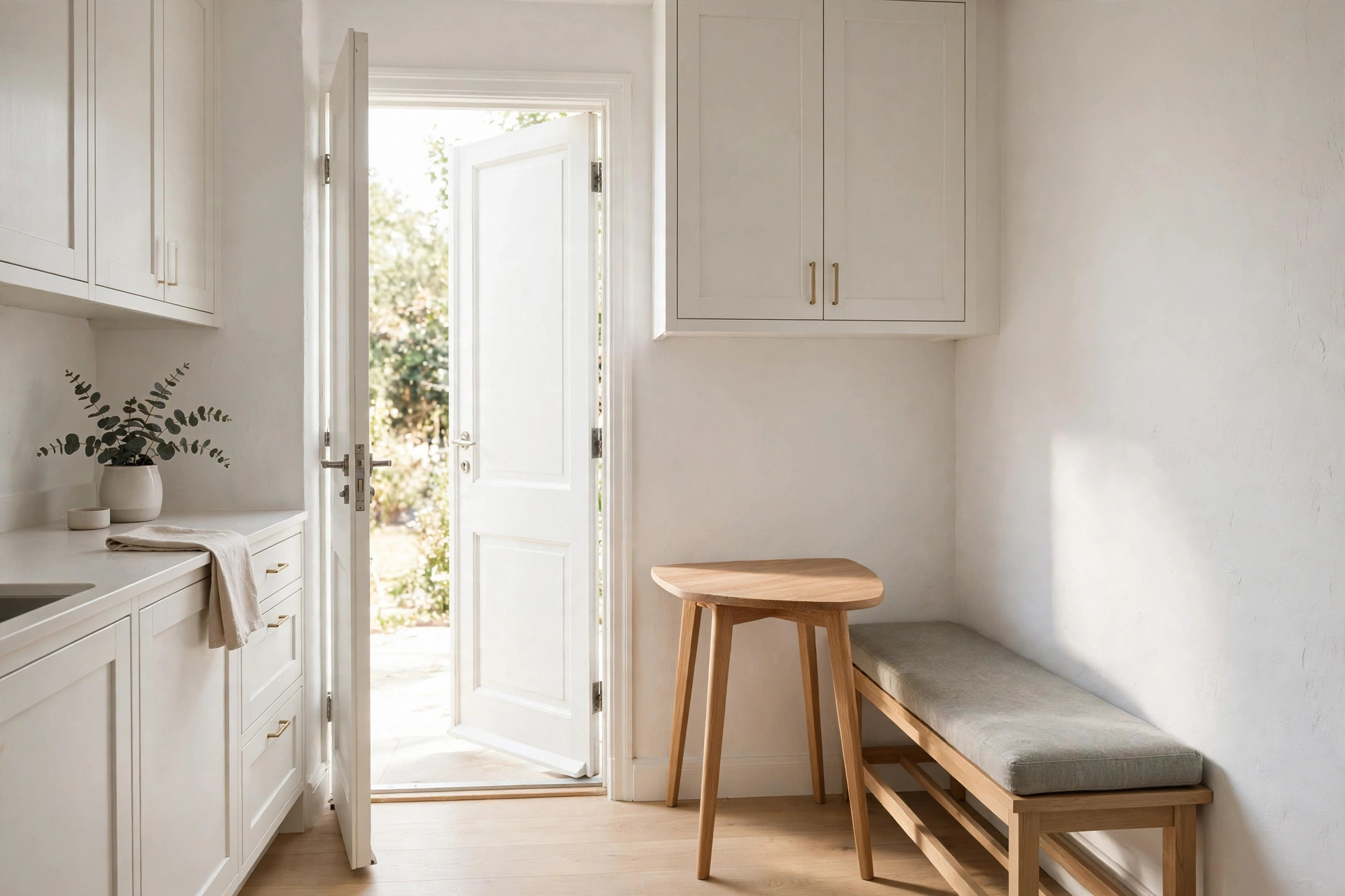 Long low bench along a kitchen wall beside an open back door, with a small half-round wooden table, the door swing left clear