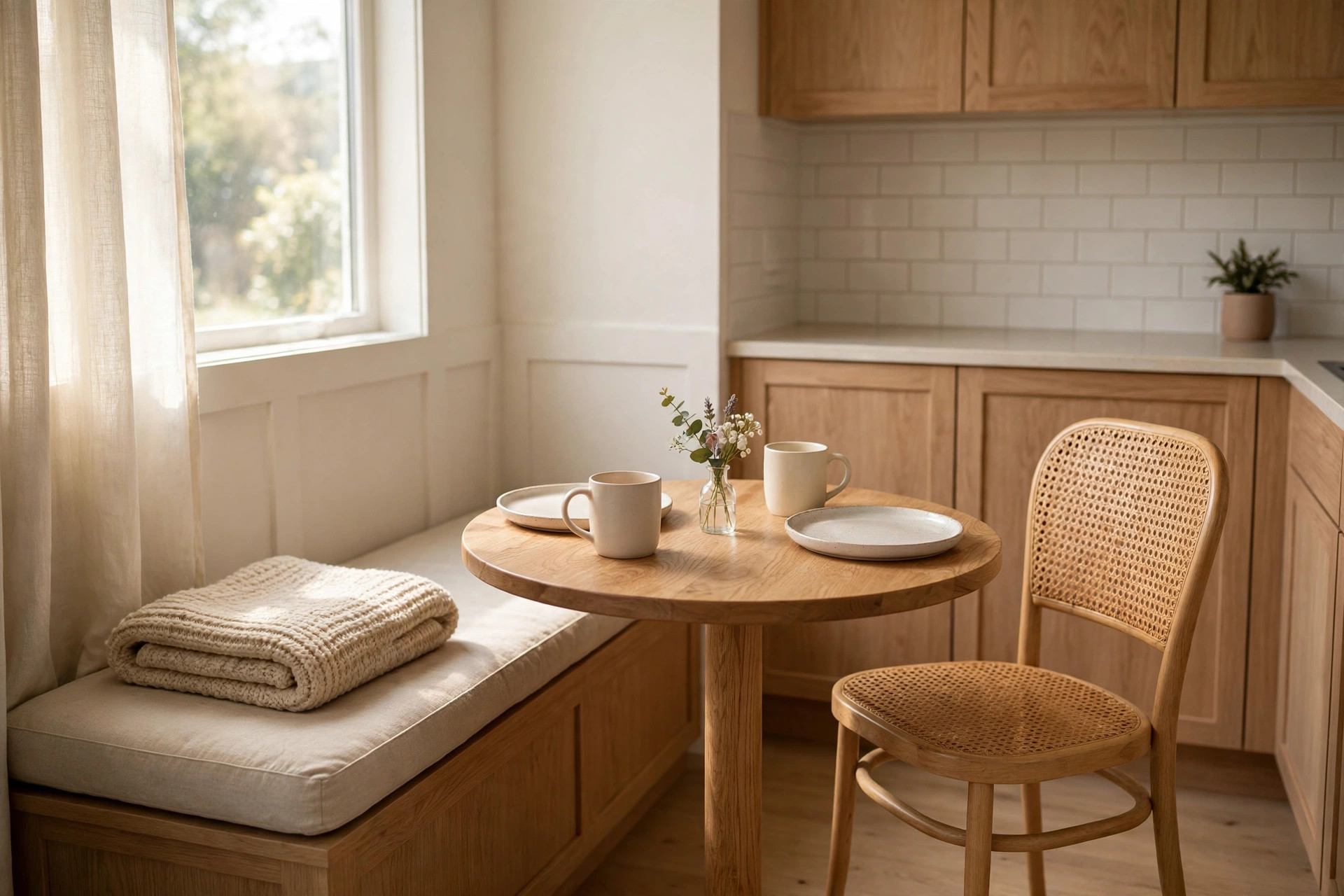 Window bench with a folded cream throw and a round wooden table set for two with plates, mugs and a small vase of flowers, cane chair opposite