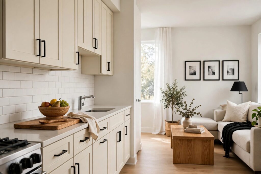 Cream kitchen cabinets with matte black pulls and an oak fruit bowl, opening into a living room with black picture frames and a black lamp