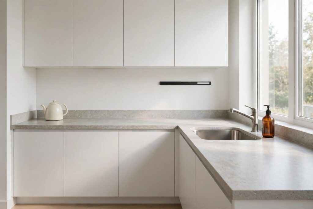 Nearly empty kitchen counters with only a cream kettle, a wall-mounted knife strip and an amber soap pump by the sink
