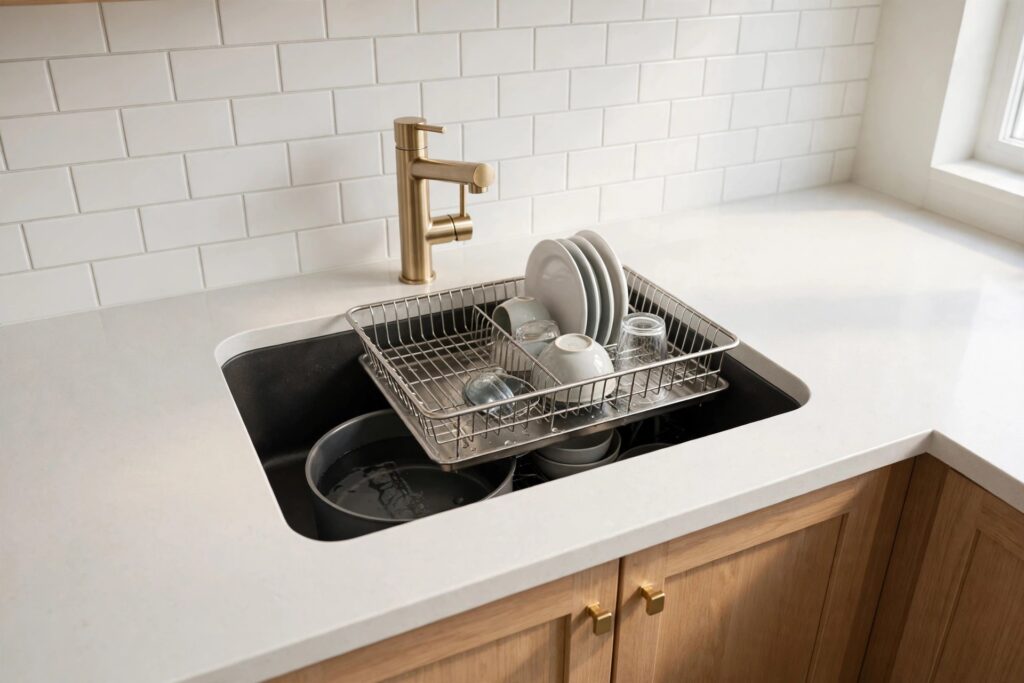 Deep single-bowl undermount sink with a dish rack resting over the bowl and a pot soaking below the rim