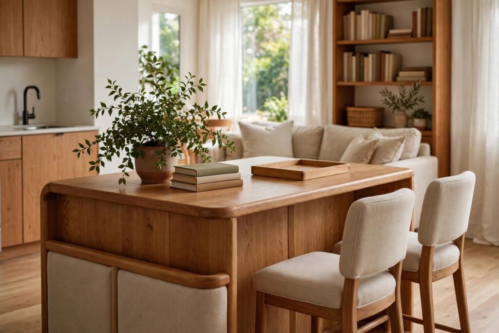 Wooden kitchen island styled with a leafy plant, a small stack of books and a tray, with backed stools and a sofa behind it