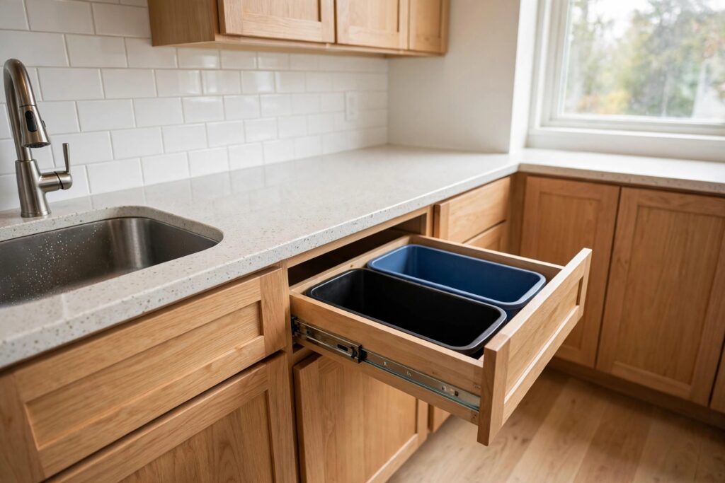 Pull-out cabinet drawer holding two bins for trash and recycling beside the kitchen sink