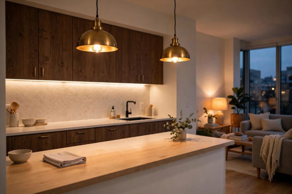 Condo kitchen at dusk with two warm brass pendant lights and under-cabinet lighting, a living room lamp glowing nearby