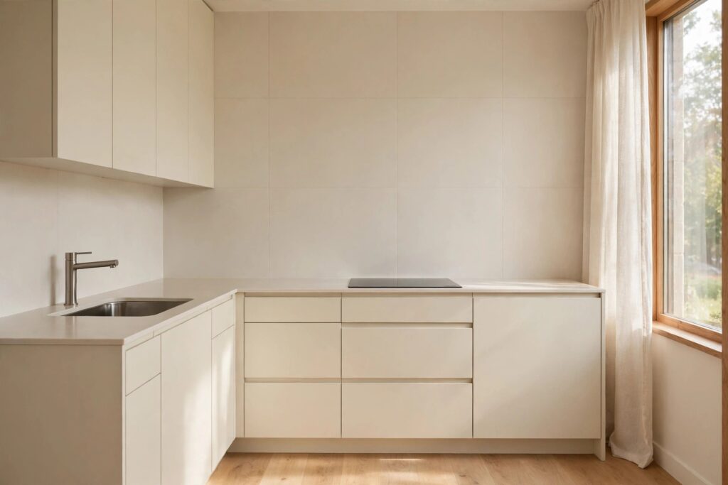 Kitchen backsplash of very large pale tiles with grout in the same tone, reading like a plain wall above cream cabinets