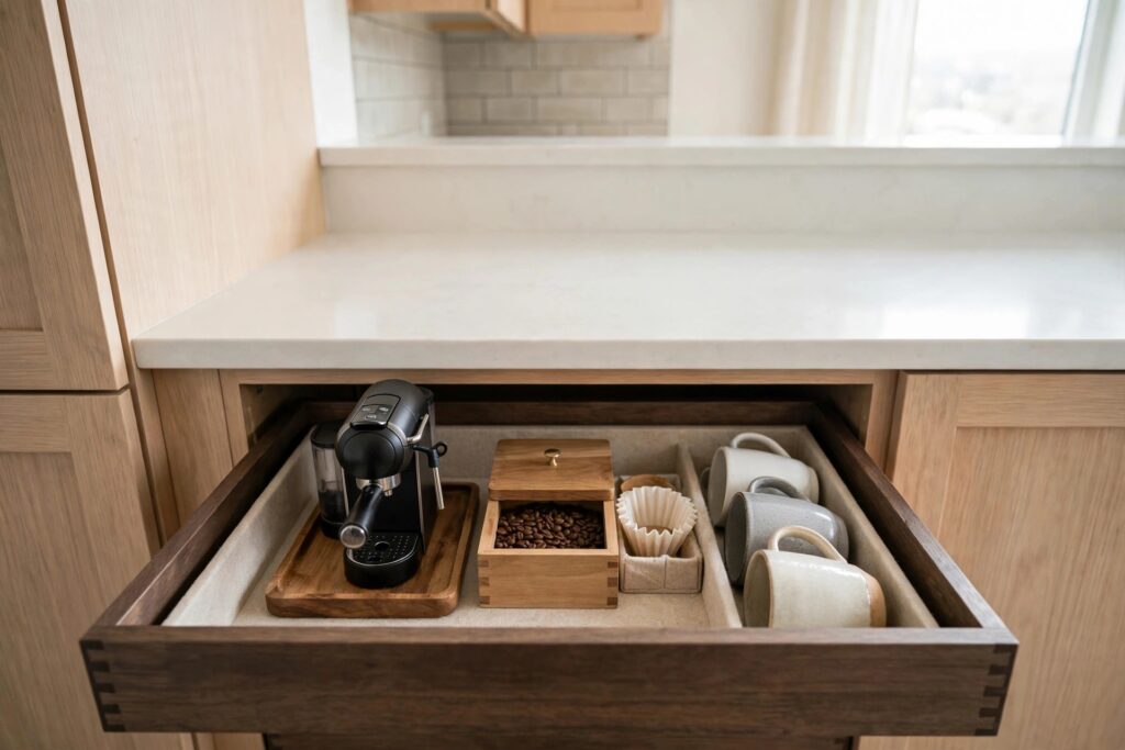 Deep kitchen drawer holding a coffee machine on a wooden tray, a box of coffee beans, paper filters and mugs