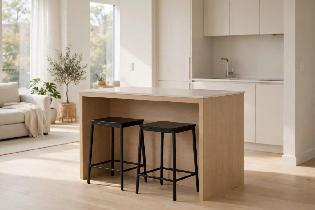 Two backless black metal stools tucked fully under a pale wood island, the walkway left open