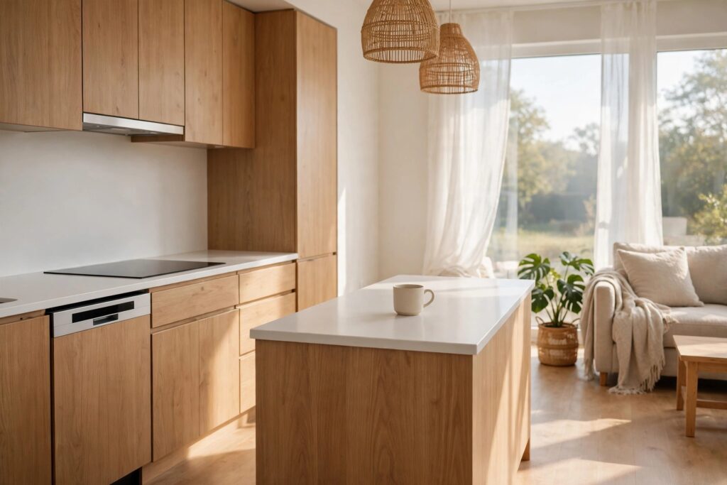 Bright morning view of an open-plan condo kitchen with empty counters, a closed dishwasher and one mug on the island