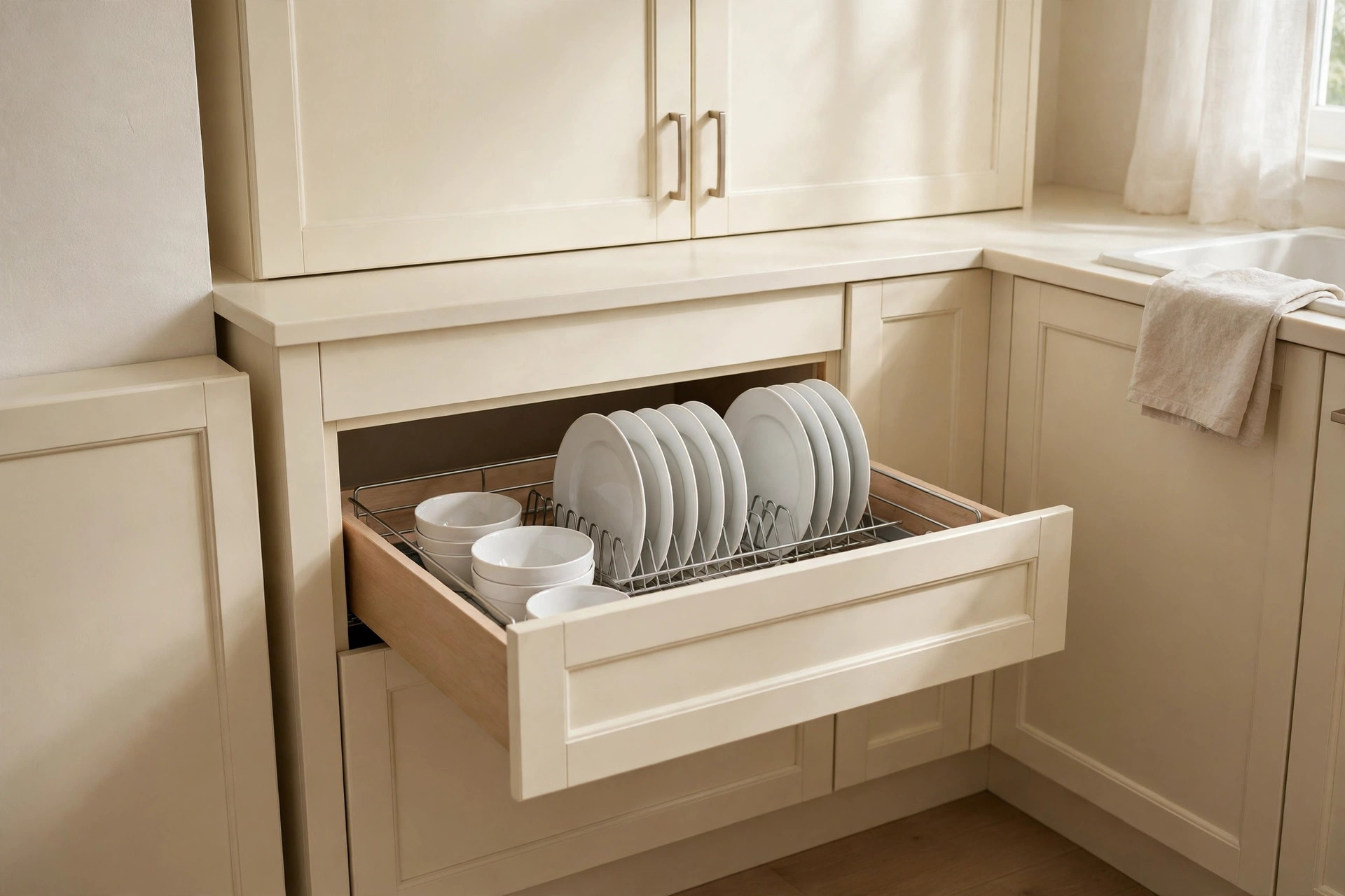 Open deep kitchen drawer with a wire plate rack holding white plates and stacked bowls