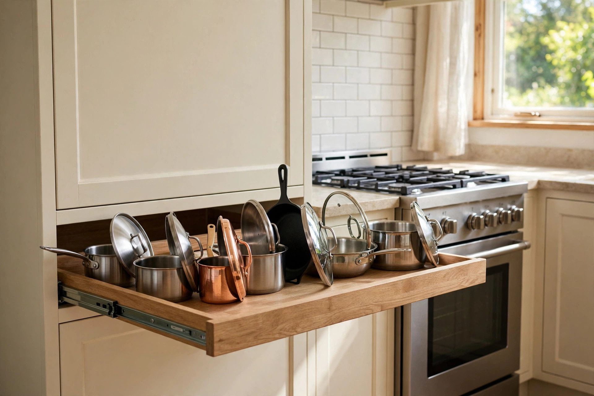 Wooden pull-out shelf rolled out of a base cabinet beside a stove, holding pots, pans and lids