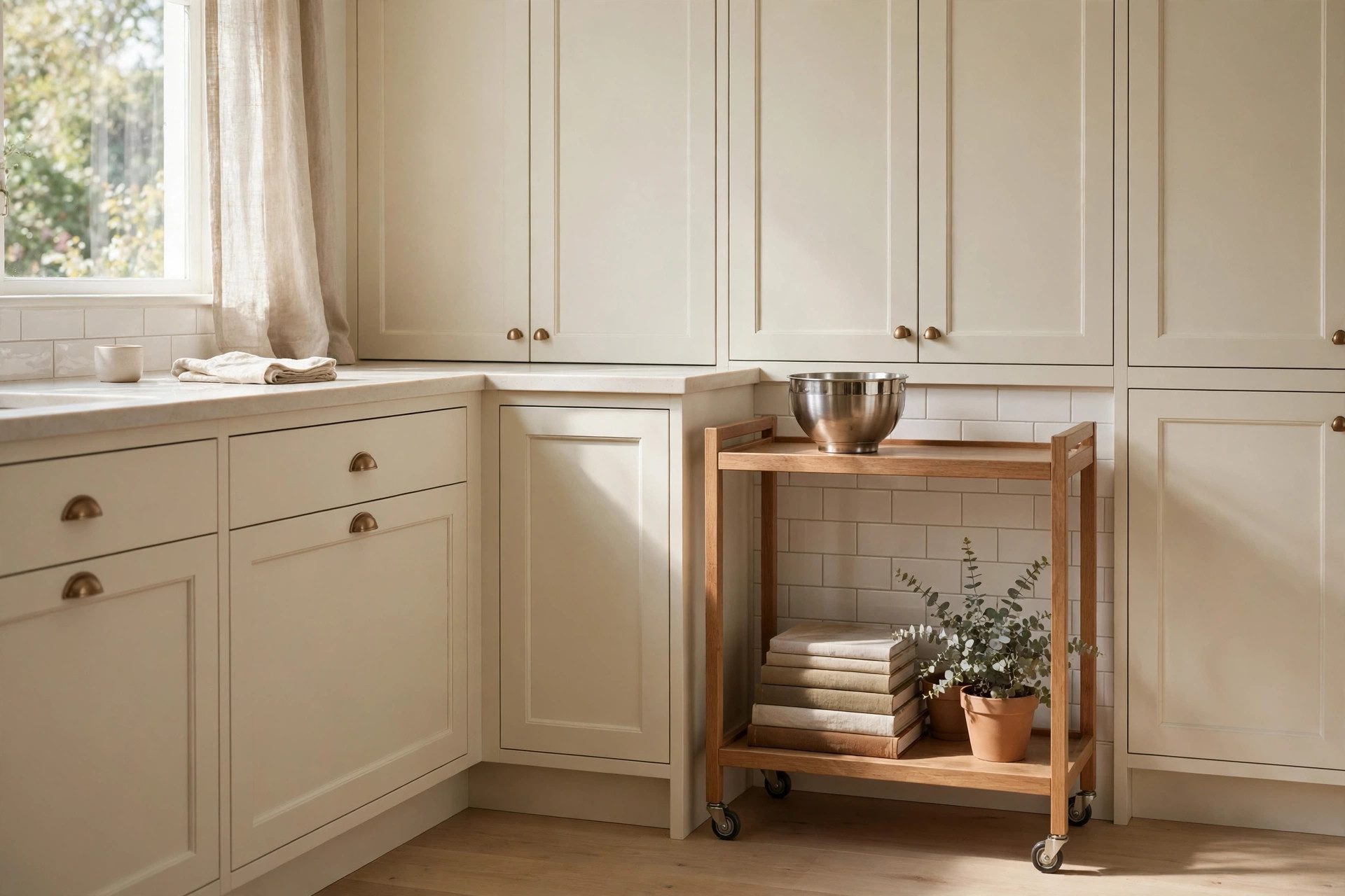 Slim wooden rolling cart beside a counter with a mixing bowl on top and cookbooks and a plant on the lower shelf