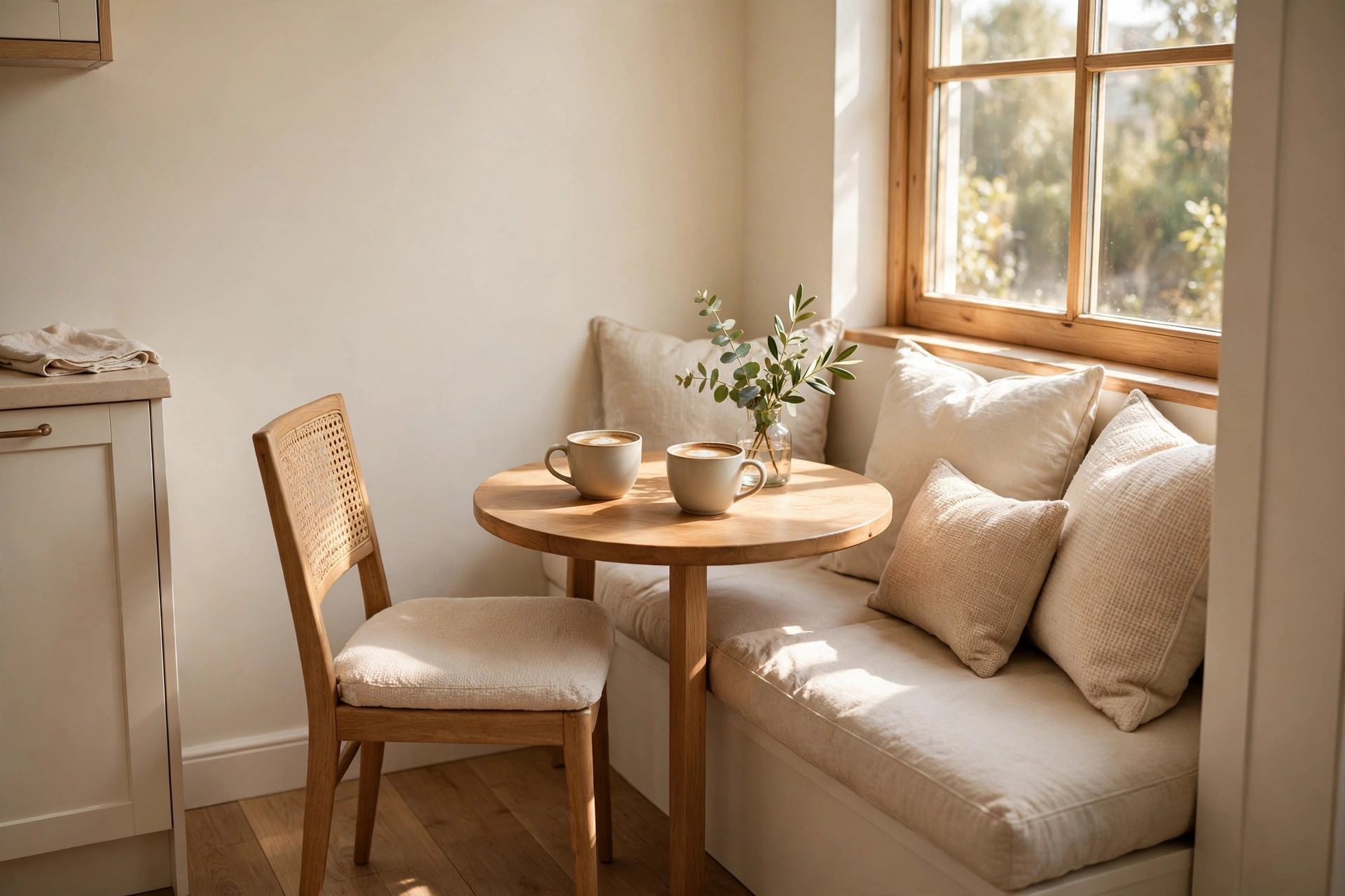 Breakfast nook in a kitchen corner with a cushioned bench, a round table, two coffees and cushions by a sunny window
