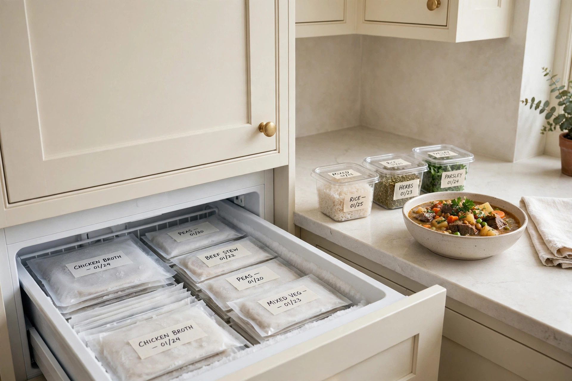 Open freezer drawer with labeled flat freezer bags and small containers beside a bowl of beef stew