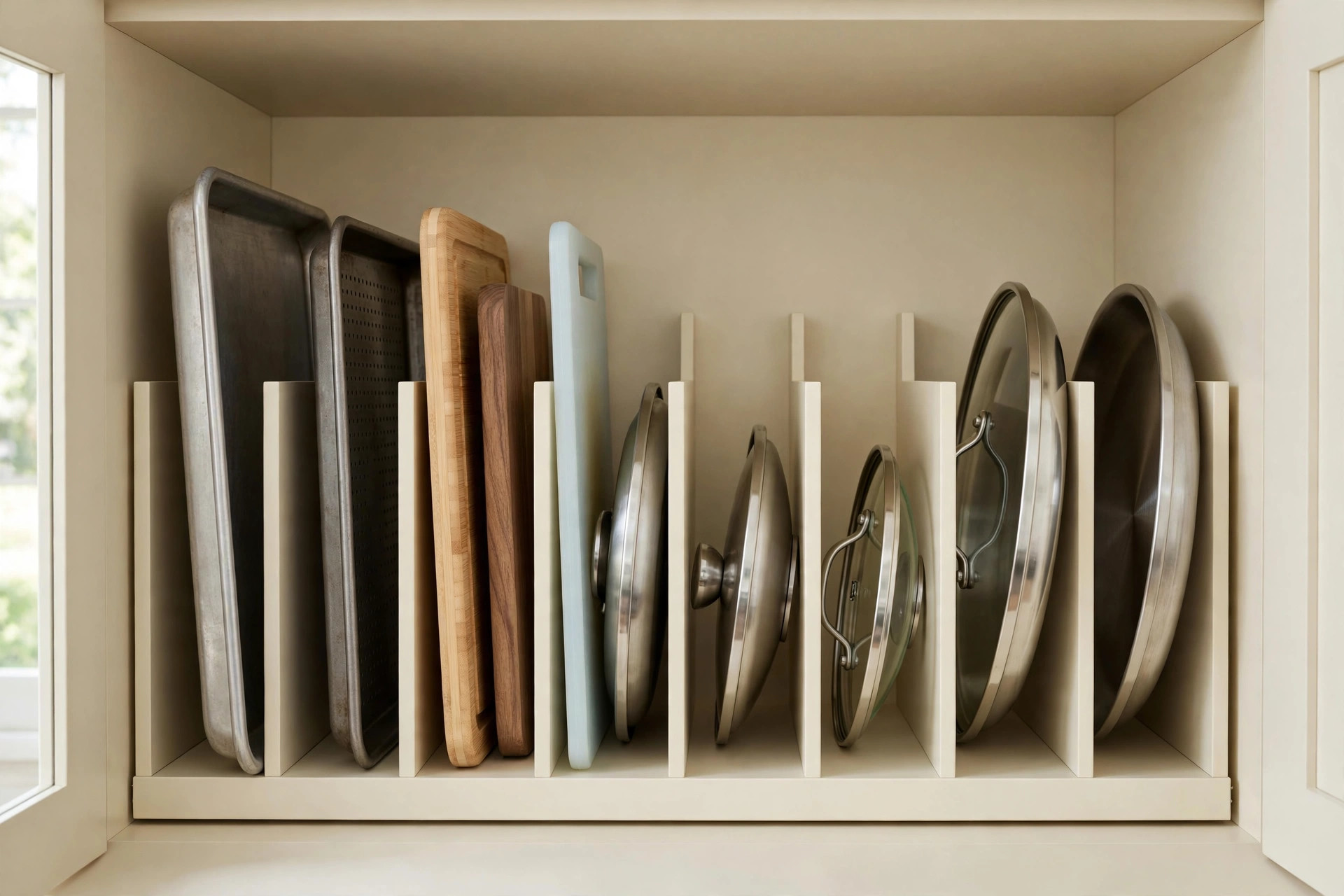 Cabinet with vertical dividers storing baking trays, chopping boards and pot lids upright like files