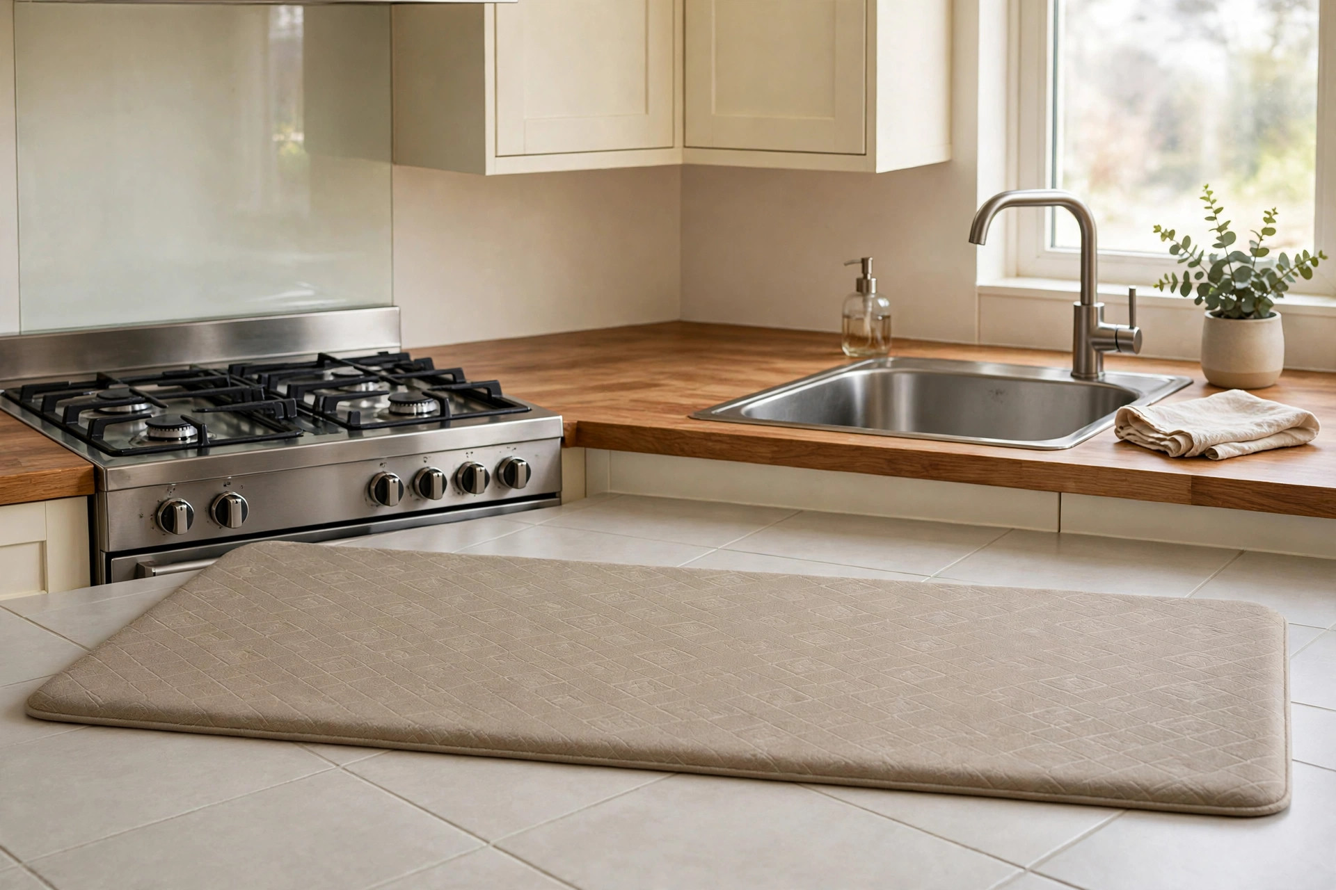 Long cushioned anti-fatigue mat on a clean tiled floor in front of a stove and a sink