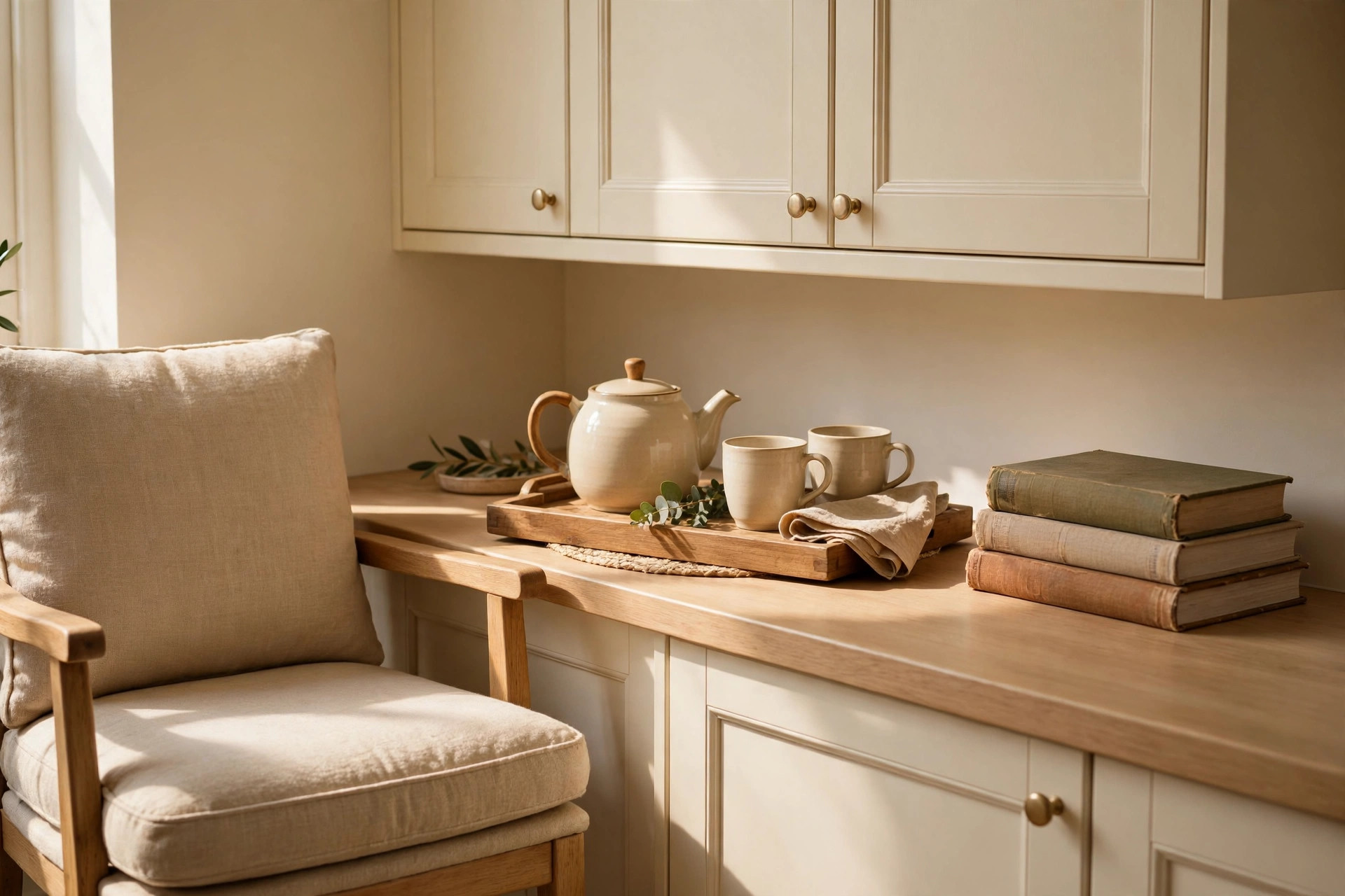 Cushioned chair beside a kitchen counter holding a tea tray with a teapot and two cups, and a stack of cookbooks