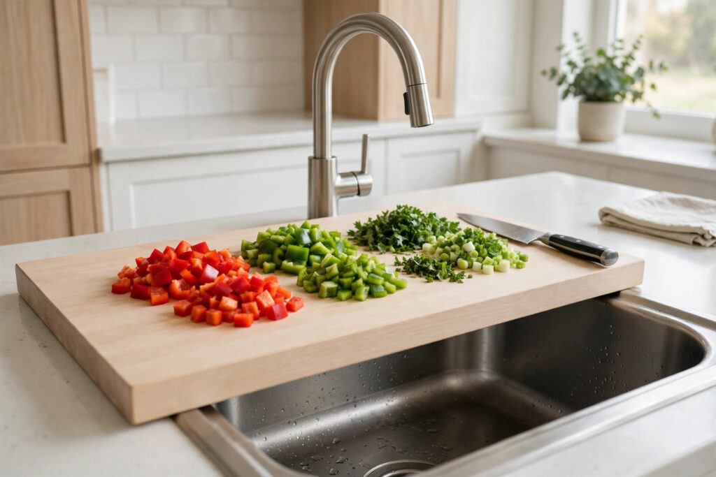 Wide pale wood board bridging a kitchen sink with neat piles of chopped peppers, greens and scallions and a chef knife