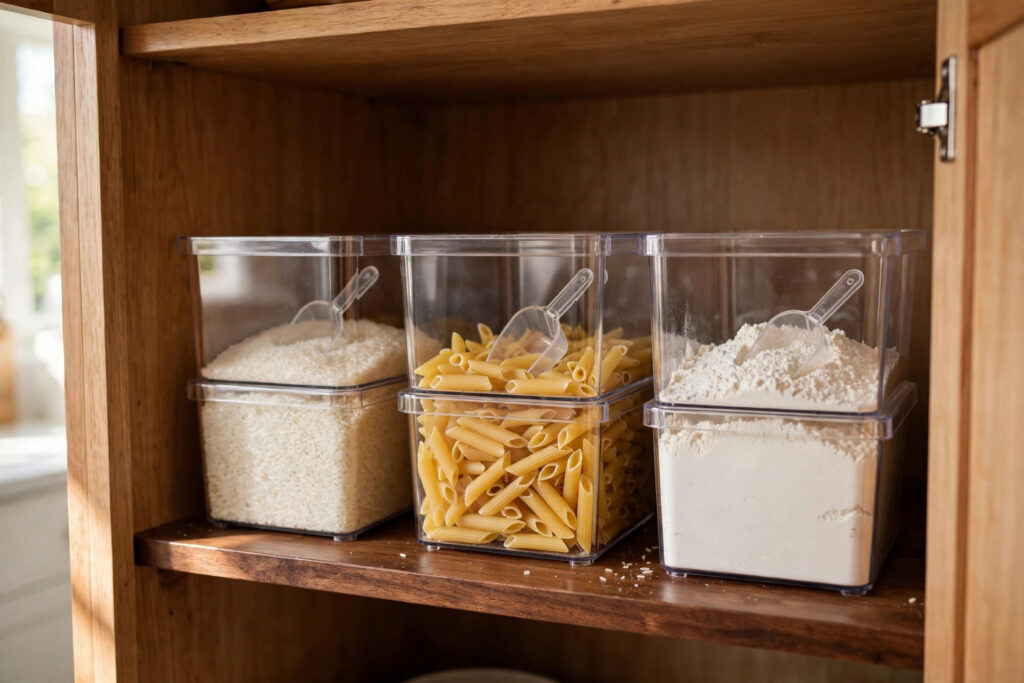 Clear stackable bins of rice, penne pasta and flour with scoops on a wooden cabinet shelf
