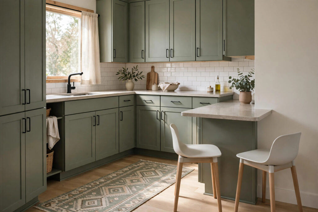 Small kitchen with matte sage cabinets, simple bar handles, a patterned washable runner and white stools at a short peninsula
