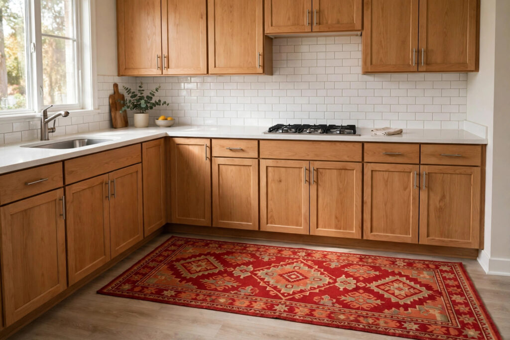 Bold red and terracotta patterned runner rug on the floor in front of plain oak kitchen cabinets