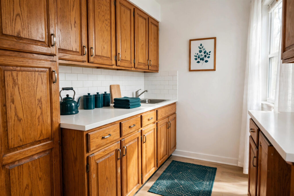Small galley kitchen with honey oak cabinets and a deep teal kettle, canister set, folded towels, small rug and framed print as repeated color accents