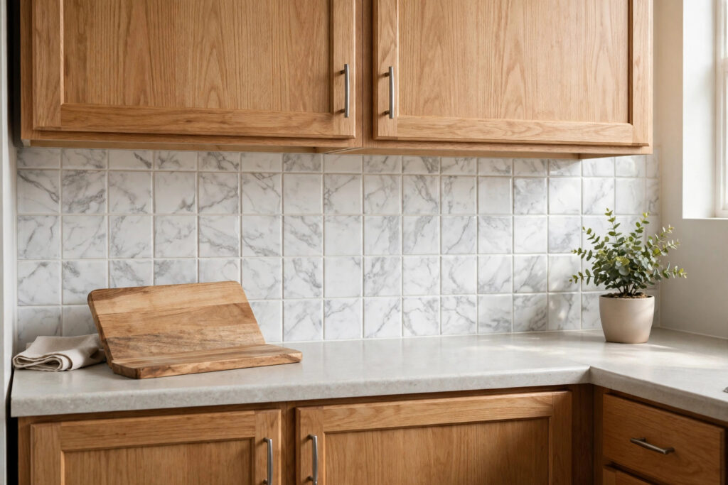 Oak kitchen cabinets framed by a white and grey marble-look tile backsplash, with a wooden board stand and a small potted plant on the counter