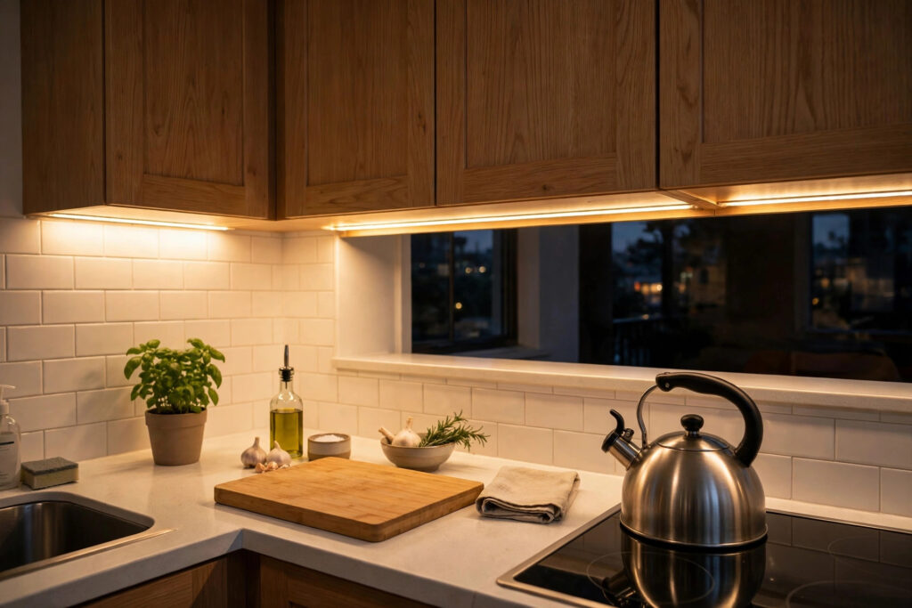 Warm LED strip lights glowing under oak wall cabinets over a counter with a steel kettle and a wooden chopping board in the evening