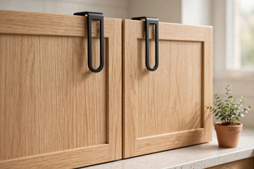 Close-up of matte black clip-on edge pulls hooked over the top edges of light oak cabinet doors, no screws