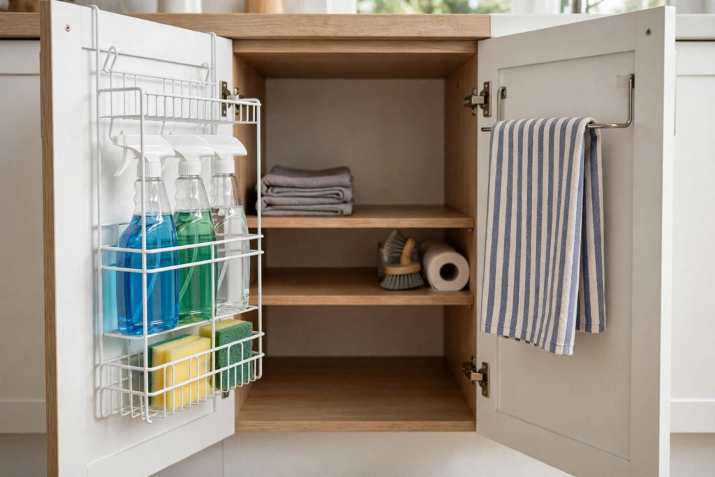 Open kitchen cabinet with a white wire rack of spray bottles and sponges hanging inside one door and a blue striped towel on a bar inside the other door