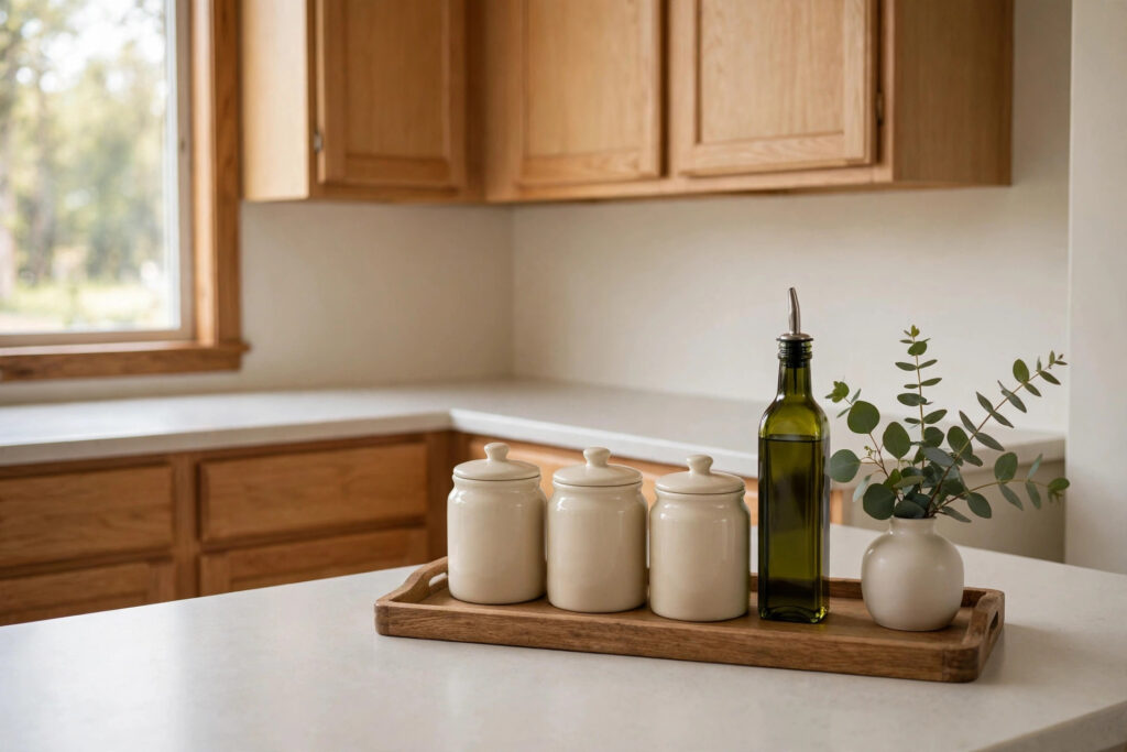 Wooden tray holding three cream ceramic canisters, an olive oil bottle and a small vase of eucalyptus on an otherwise clear white counter