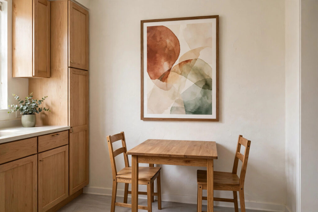 Large framed abstract art print in rust, cream and sage above a small wooden table and two chairs, next to oak kitchen cabinets