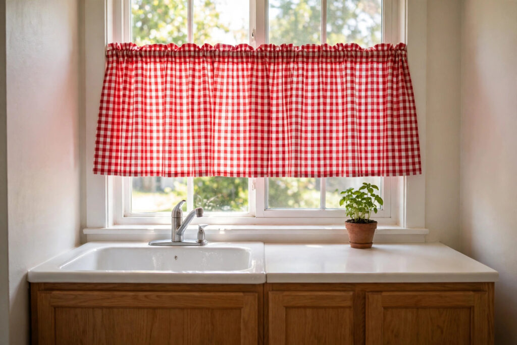 Red and white gingham cafe curtain over the window above a white kitchen sink, with a potted basil plant on the sill