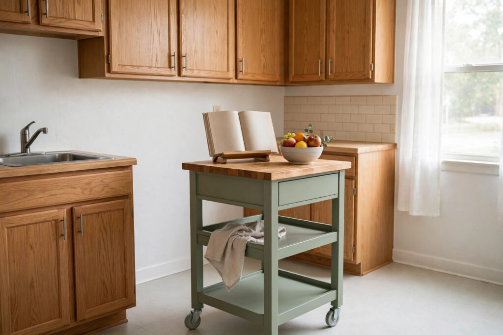 Sage green rolling kitchen cart with a wooden top, a cookbook stand and a bowl of fruit in a small kitchen with oak cabinets