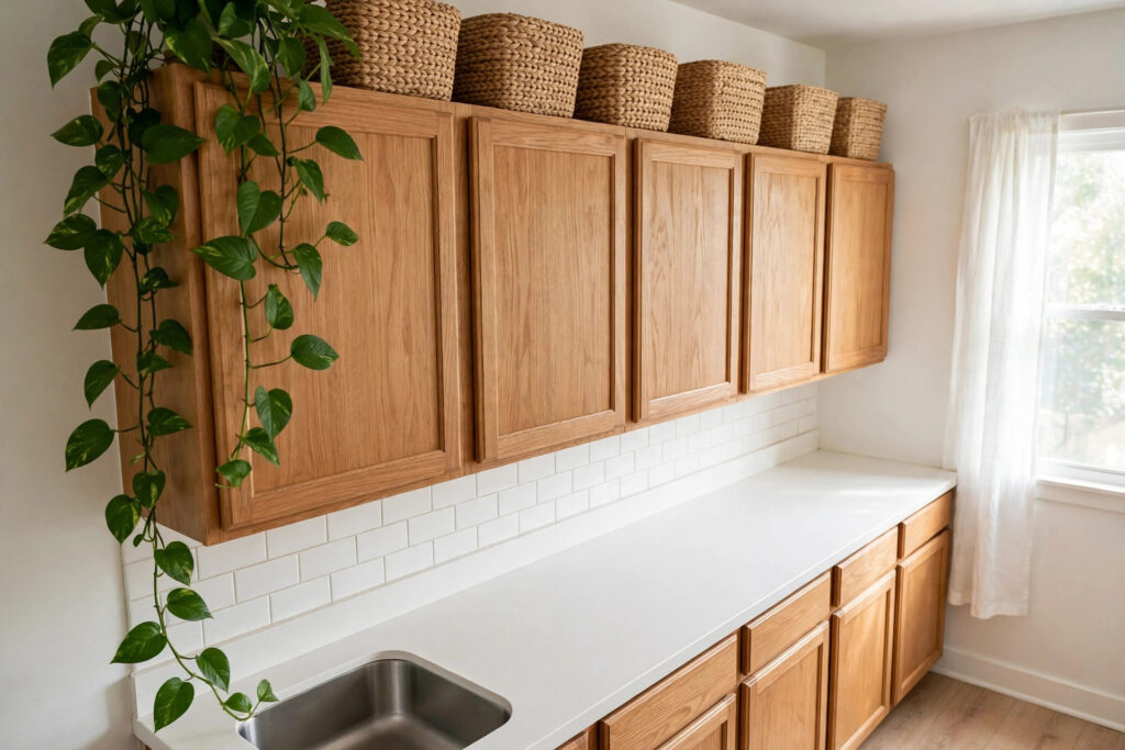 Row of woven seagrass baskets and a trailing pothos plant styled along the tops of oak wall cabinets above a clear white counter