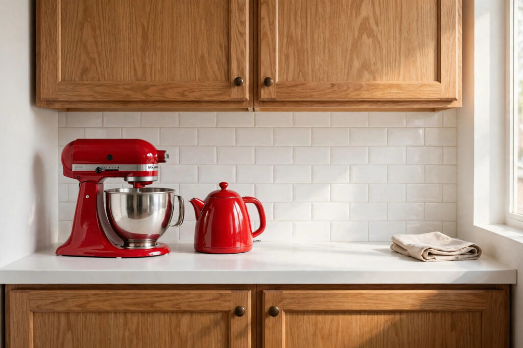 Bright red stand mixer and a matching red kettle on a plain white counter under oak cabinets