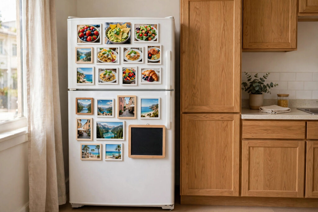 White fridge front covered with a neat grid of magnetic photo frames and a small blank chalkboard, next to oak cabinets