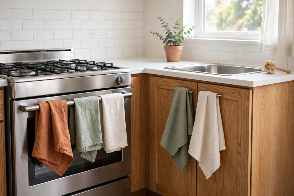 Terracotta, sage and cream linen tea towels hanging on a stainless oven handle and over the sink cabinet doors
