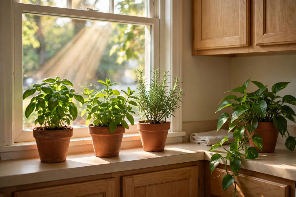 Terracotta pots of basil, mint and rosemary on a sunny kitchen windowsill with a leafy pothos plant on the counter corner