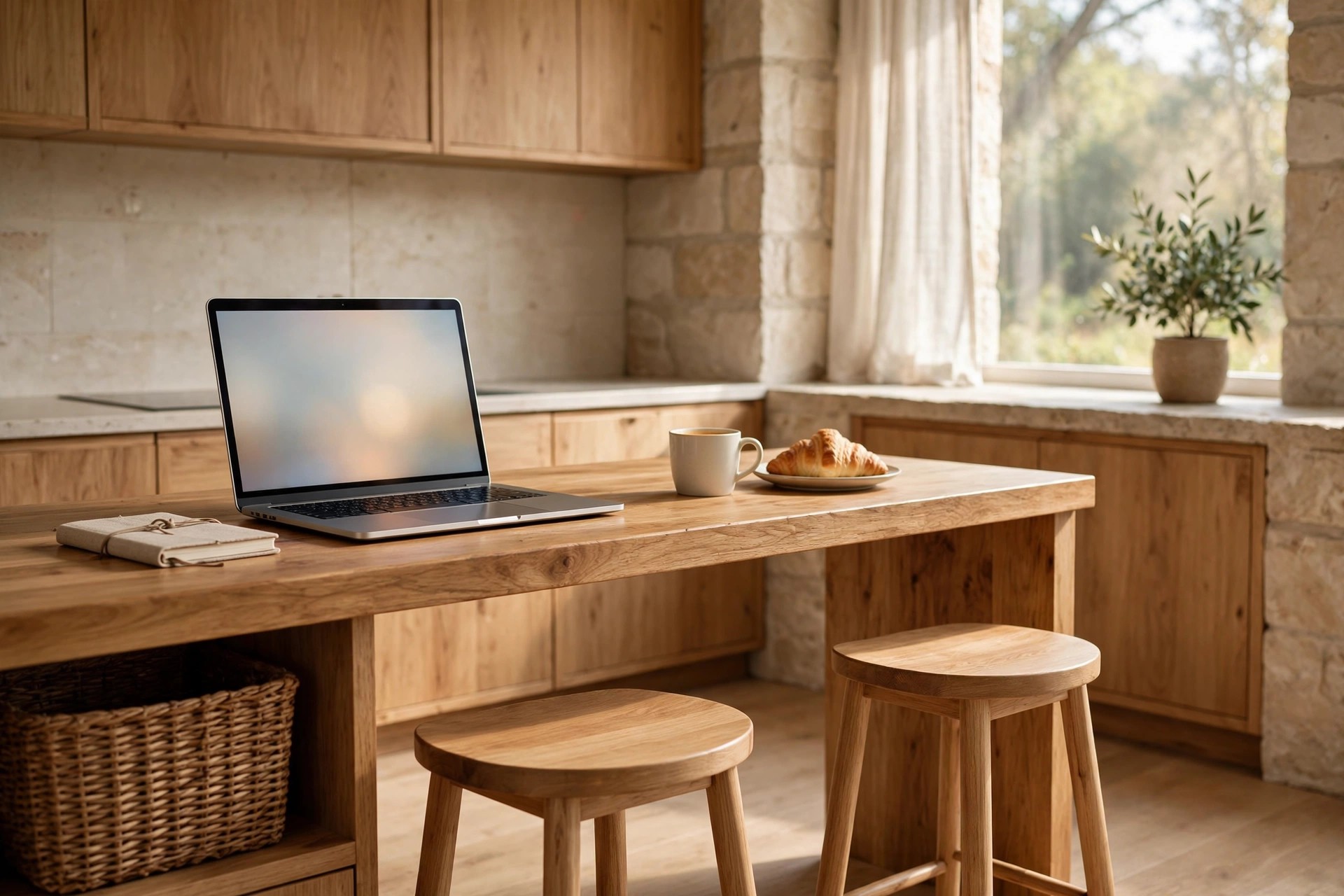 Wooden breakfast bar holding an open laptop, a notebook, a coffee mug and a croissant on a plate, with a basket underneath and two stools
