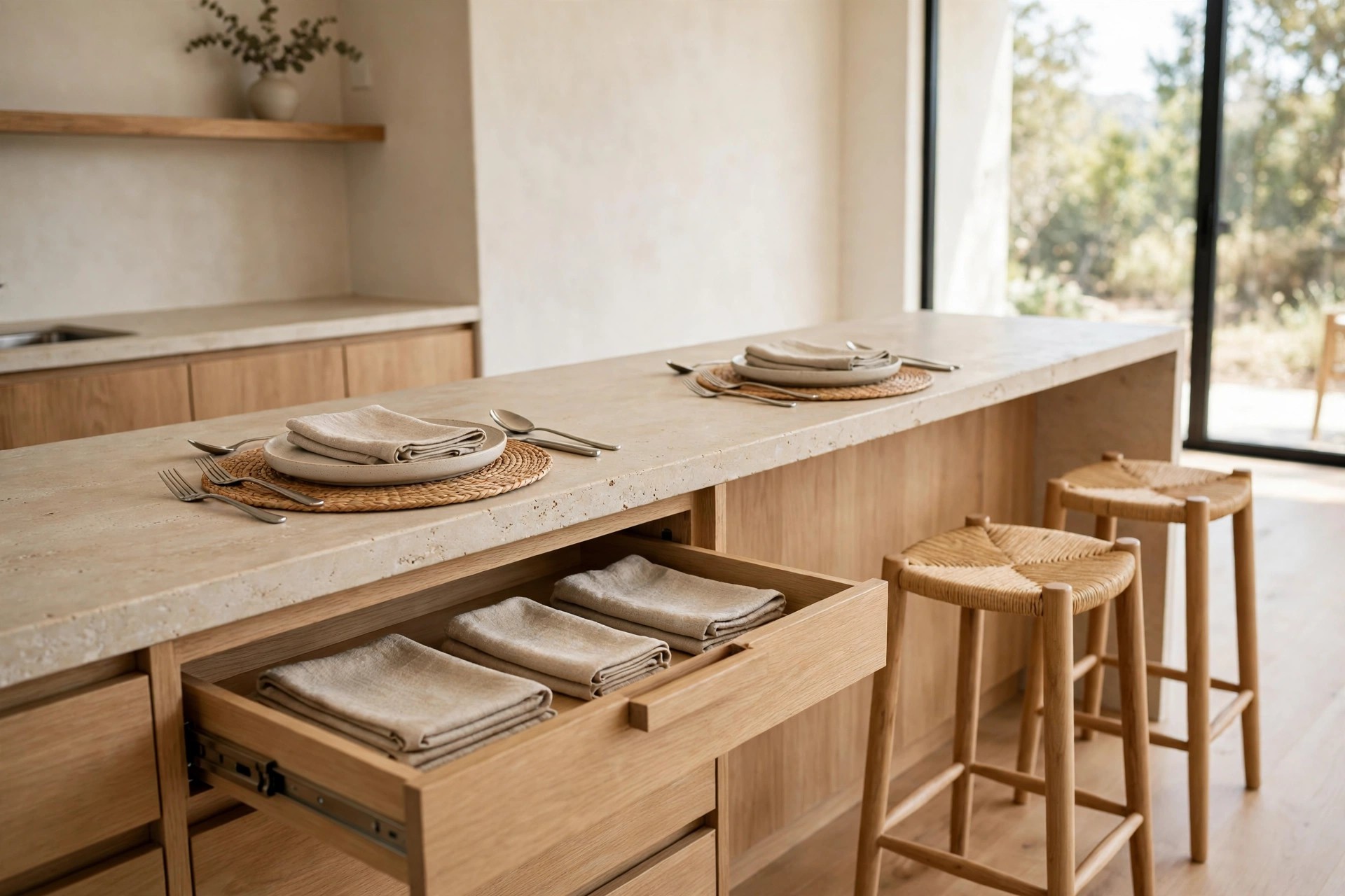 Breakfast bar with a shallow drawer open on the kitchen side showing folded linen napkins, woven placemats on top and two woven stools