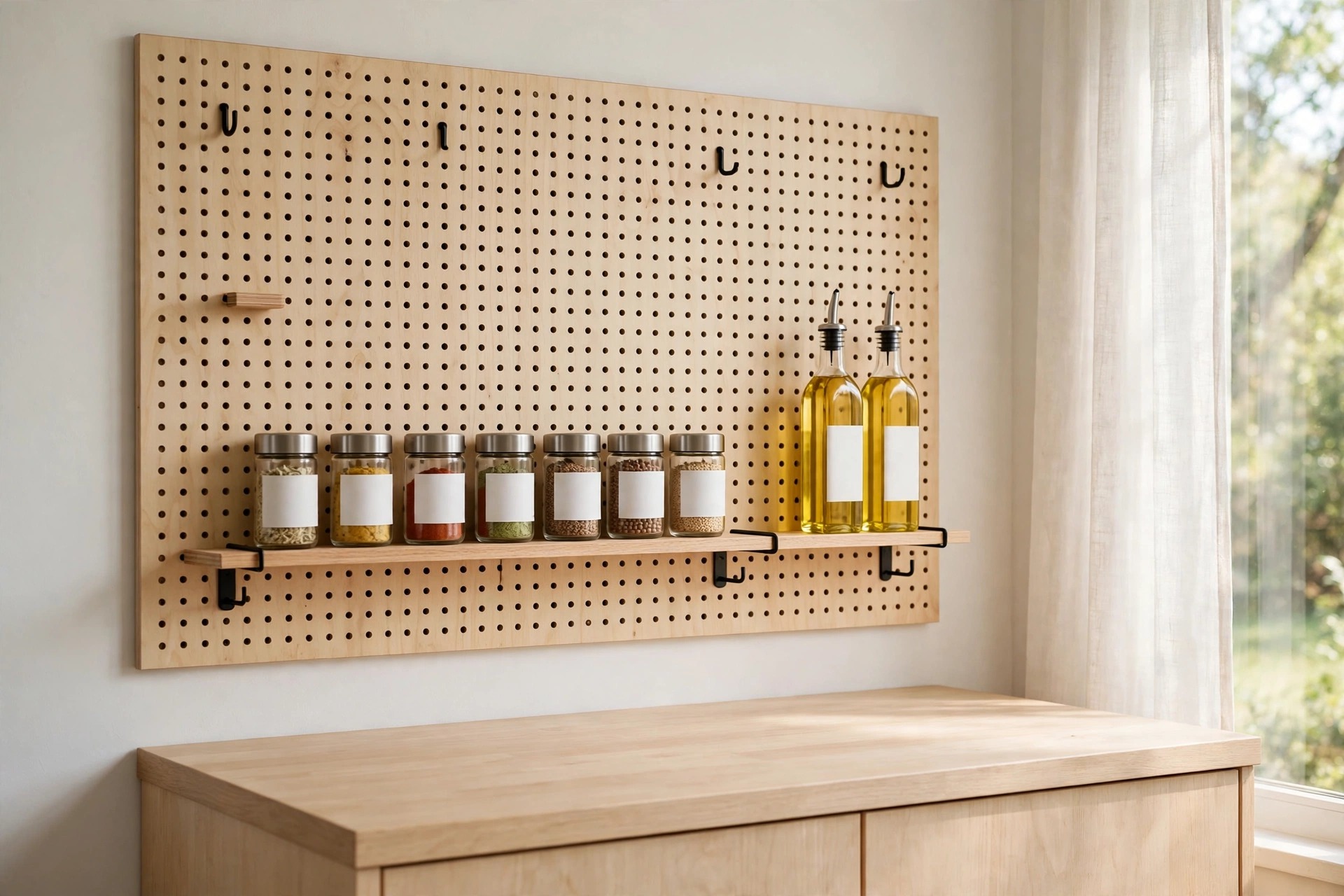 Wood pegboard with a narrow mini shelf holding spice jars with blank labels and two oil bottles