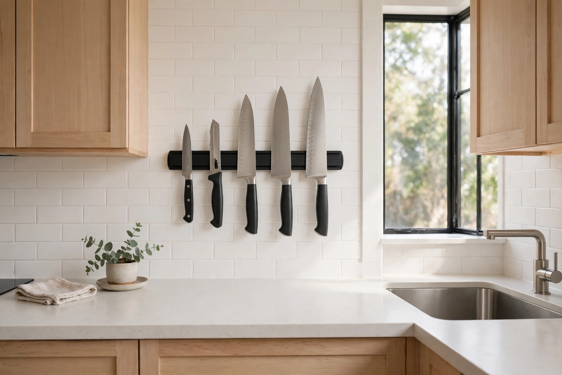 Black magnetic rail on a white tile wall holding five knives in a neat size ordered row, beside a window and a sink
