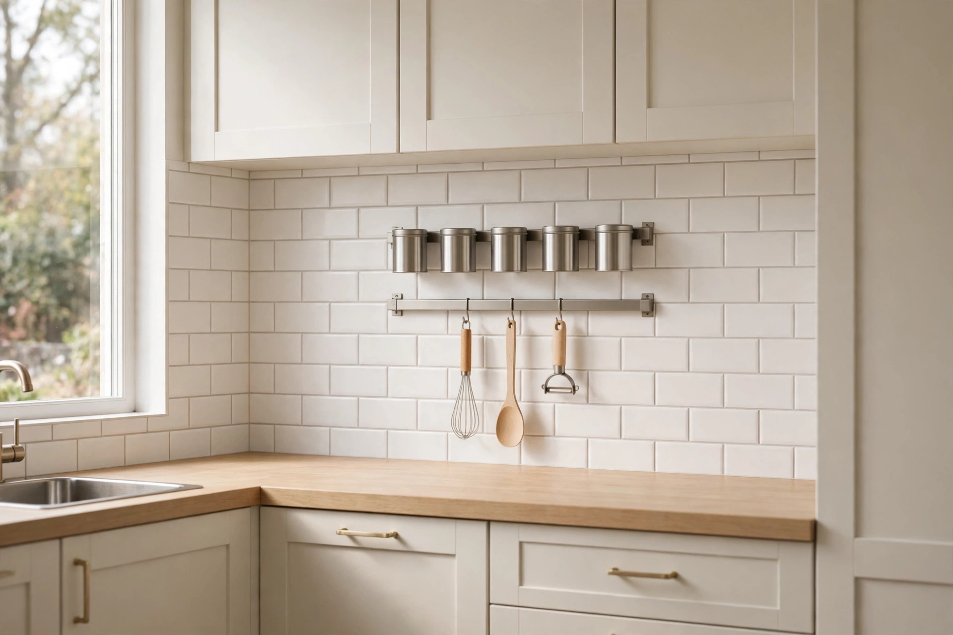 Two steel rails stacked on a white tile backsplash, the upper rail holding five metal tins and the lower rail holding a whisk, a wooden spoon and a peeler on hooks